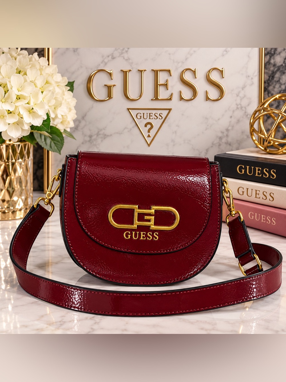 GUESS Fleet Mini Saddle Crossbody Bag Burgundy Patent Faux Leather